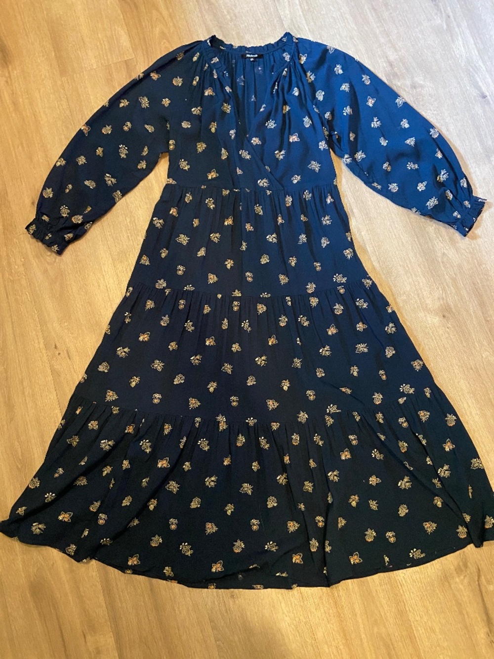 Madewell Boho Challis Midi Dress‎ XS-M Indigo Floral Pockets Tiered Cottagecore